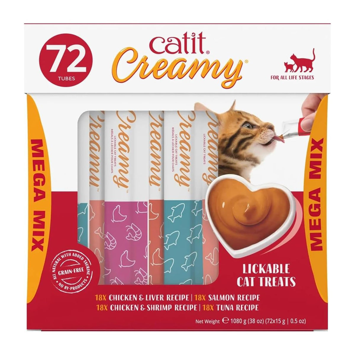Catit frente del empaque mostrando pack de 72 tubos y ventaja de cantidad