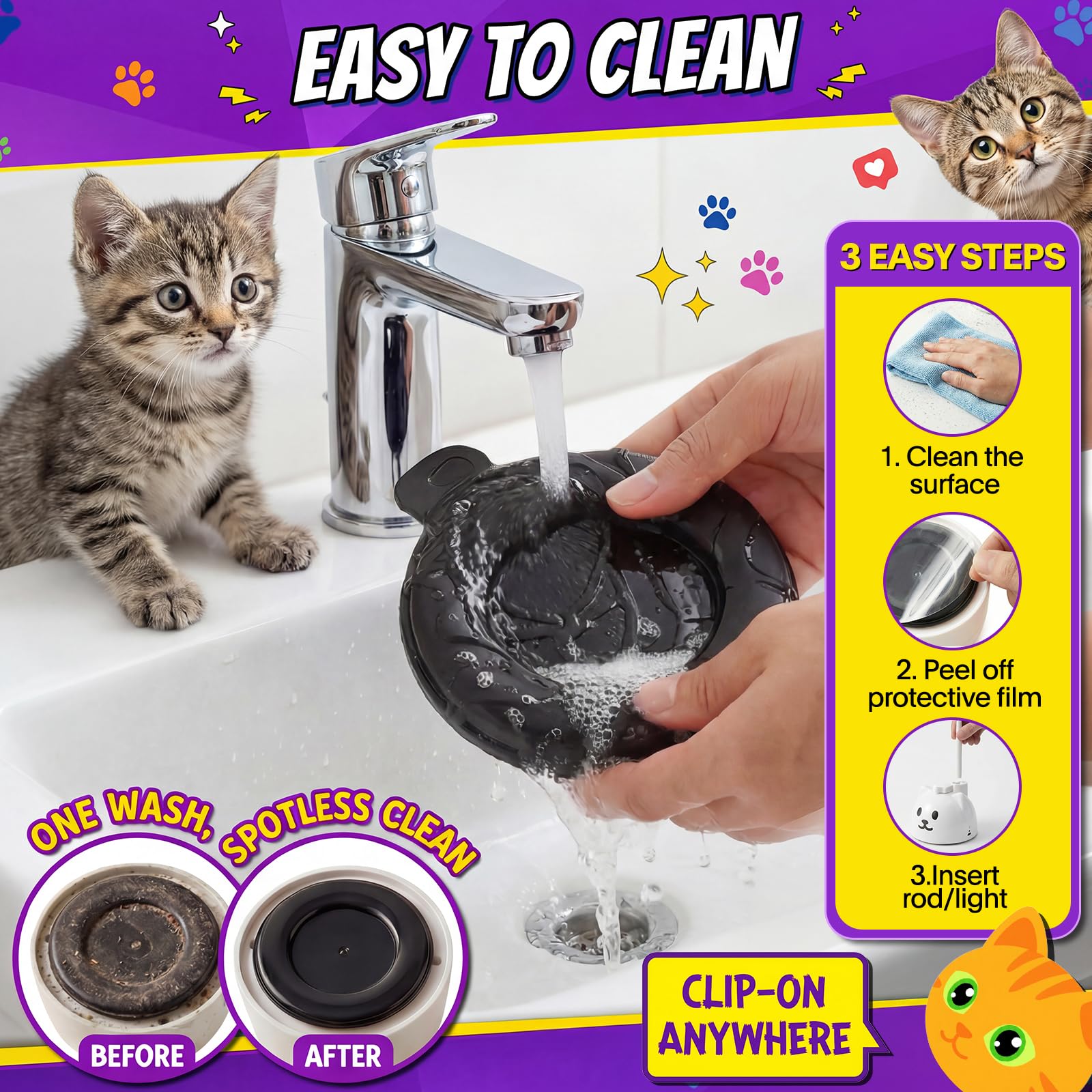 Catpick joy comparación de tamaño junto a un gato para referencia visual