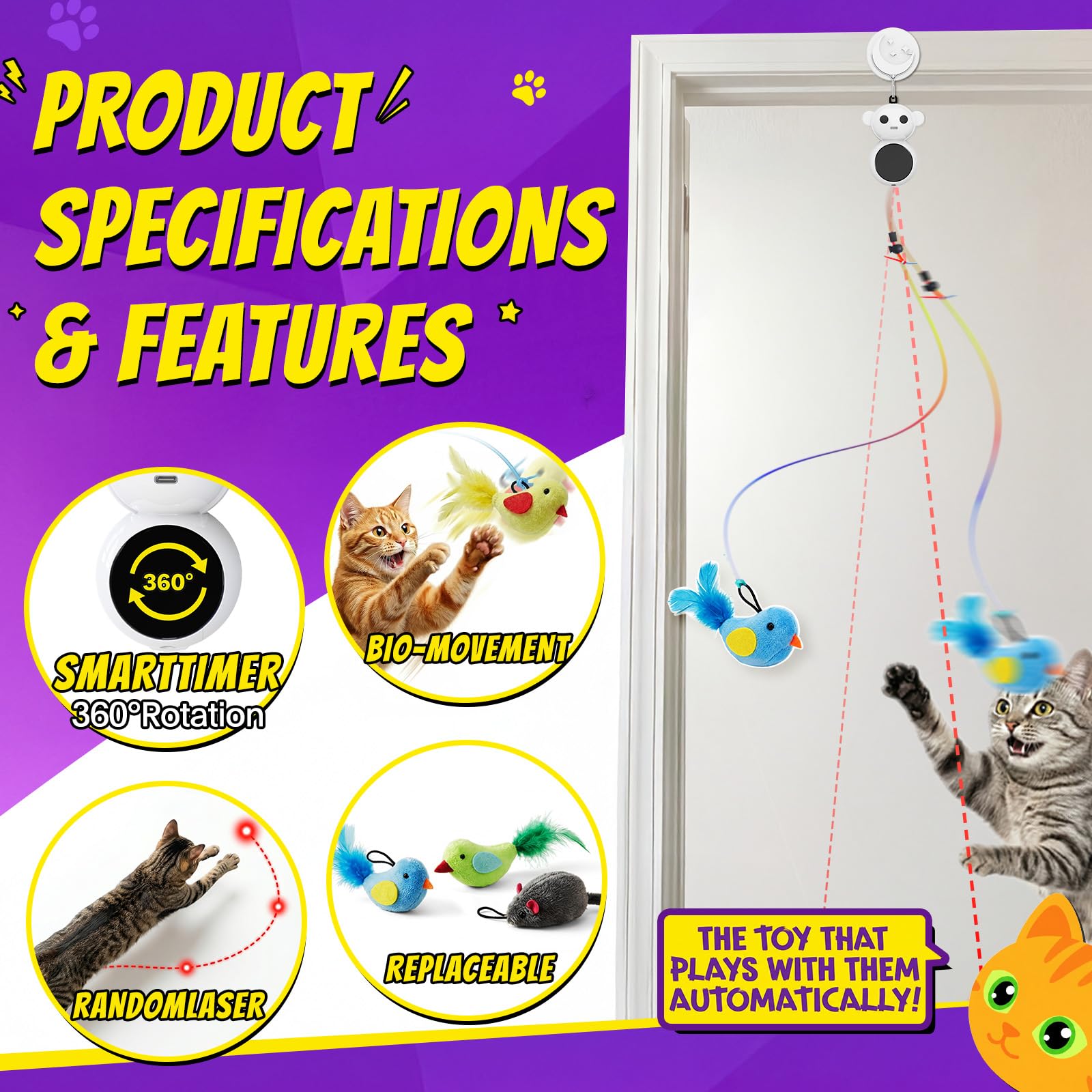 Catpick joy colgado en el dintel con gato saltando y ejercicio activo