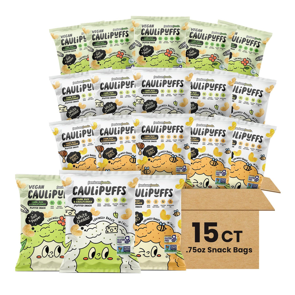 Caulipuffs frente del empaque mostrando bolsas individuales y conveniencia