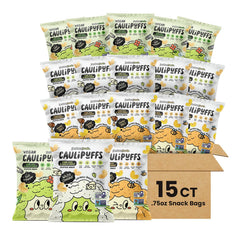 Caulipuffs frente del empaque mostrando bolsas individuales y conveniencia