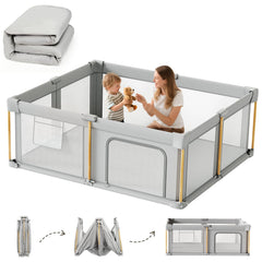 Cbcvvaer front view of foldable playpen shows roomy play area and stylish wood-grain finish