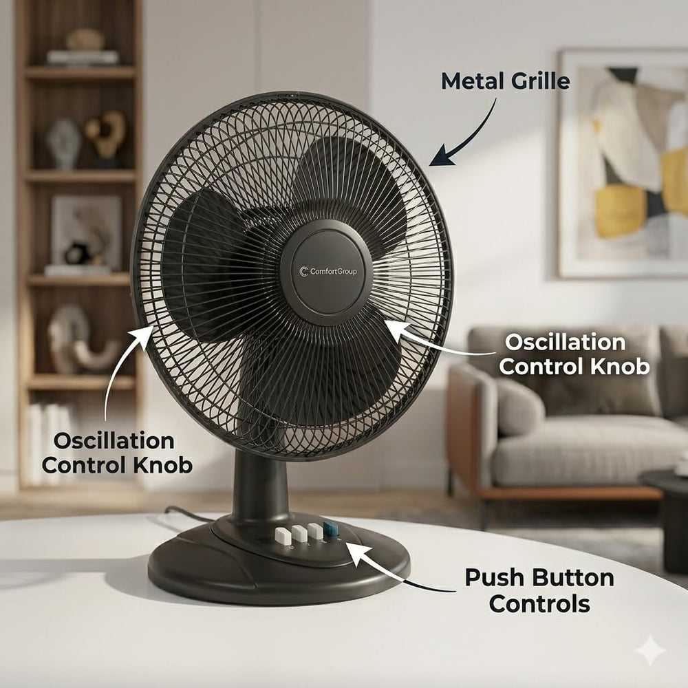 CCC COMFORT ZONE ventilador en escritorio ofreciendo ventilación focal y frescura
