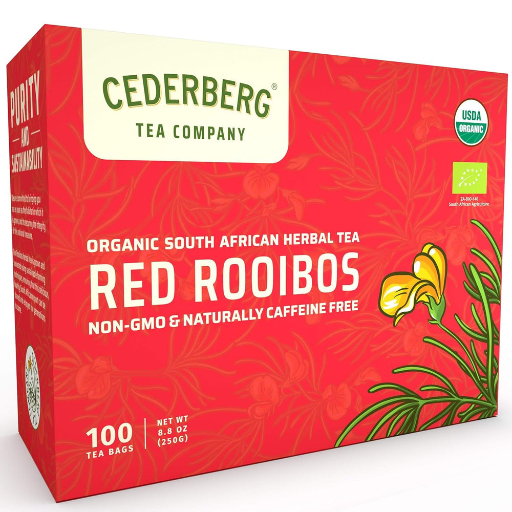 Cederberg Tea Company caja frontal mostrando 100 bolsitas y sello orgánico