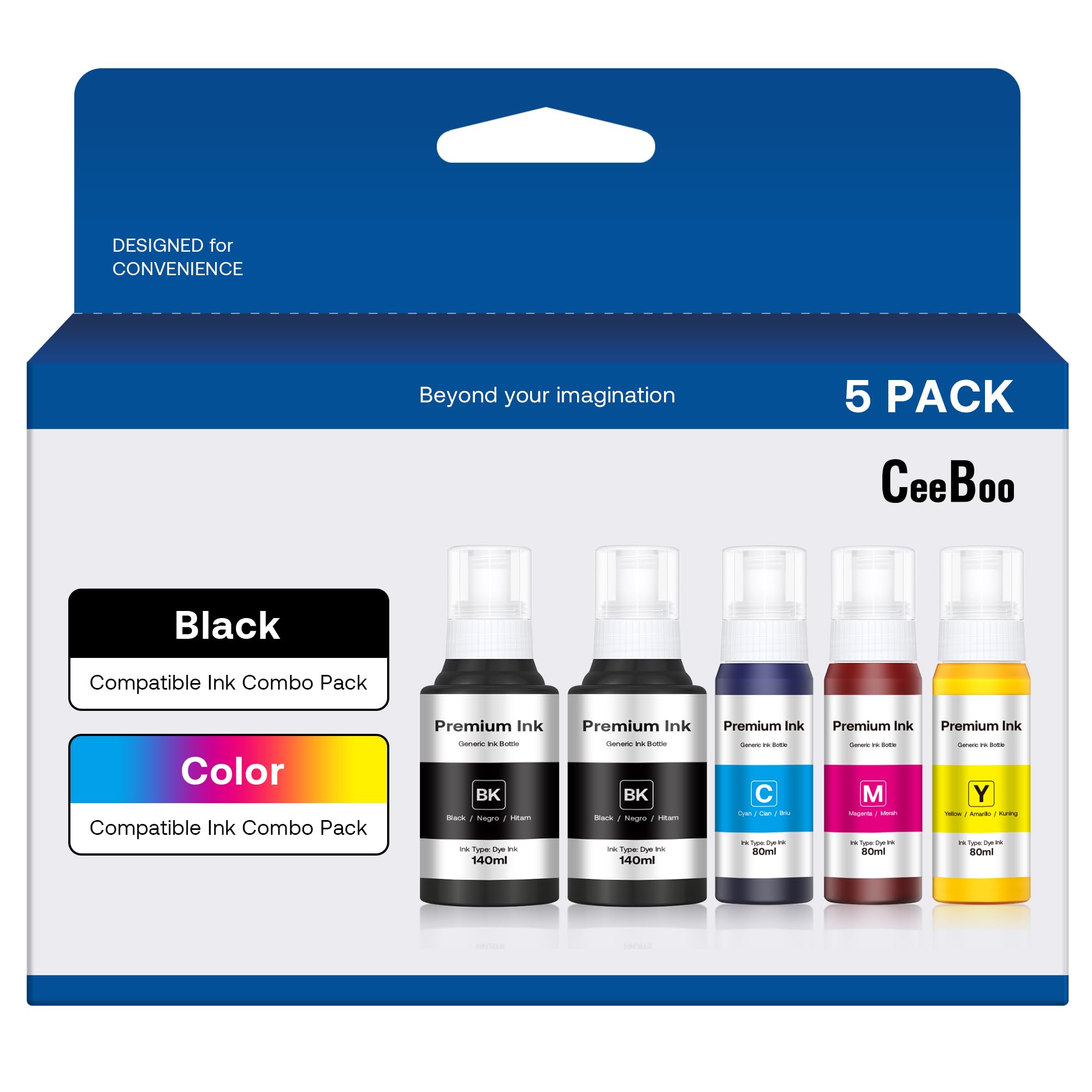 CEEBOO pack frontal mostrando las cinco botellas y ahorro de repuesto