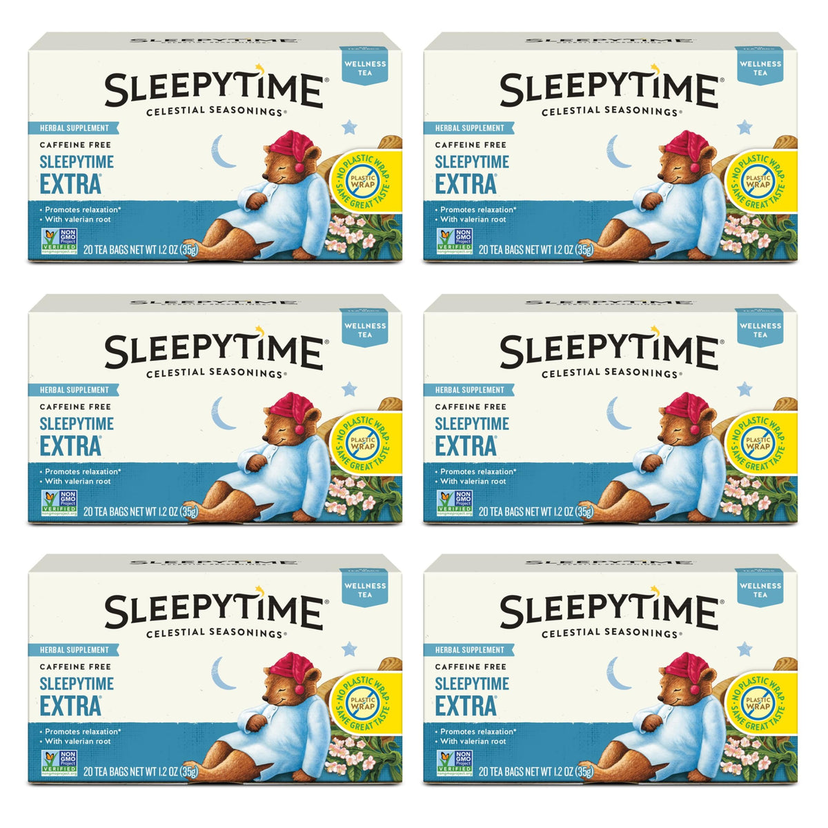 Celestial Seasonings envase frontal mostrando marca y presentación pack seis