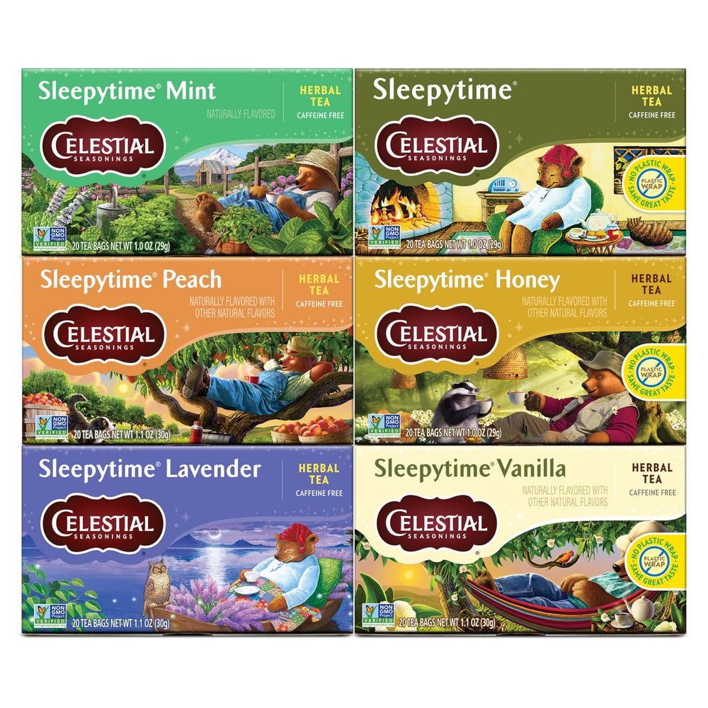Celestial Seasonings vista frontal del pack de 6 cajas que muestra el diseño y cantidad
