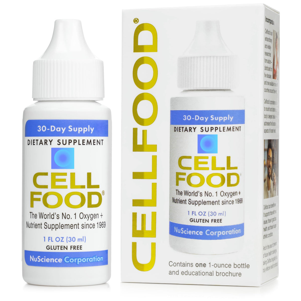 Cellfood frasco frente mostrando la marca y concentración, útil para identificar el producto