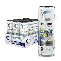 CELSIUS lata frente con diseño Astro Vibe y sonrisa refrescante