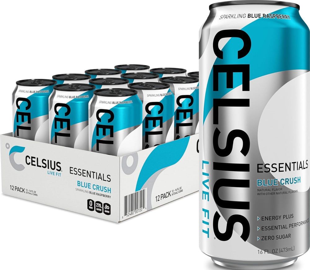 CELSIUS lata frontal mostrando marca y diseño, energizante sin azúcar