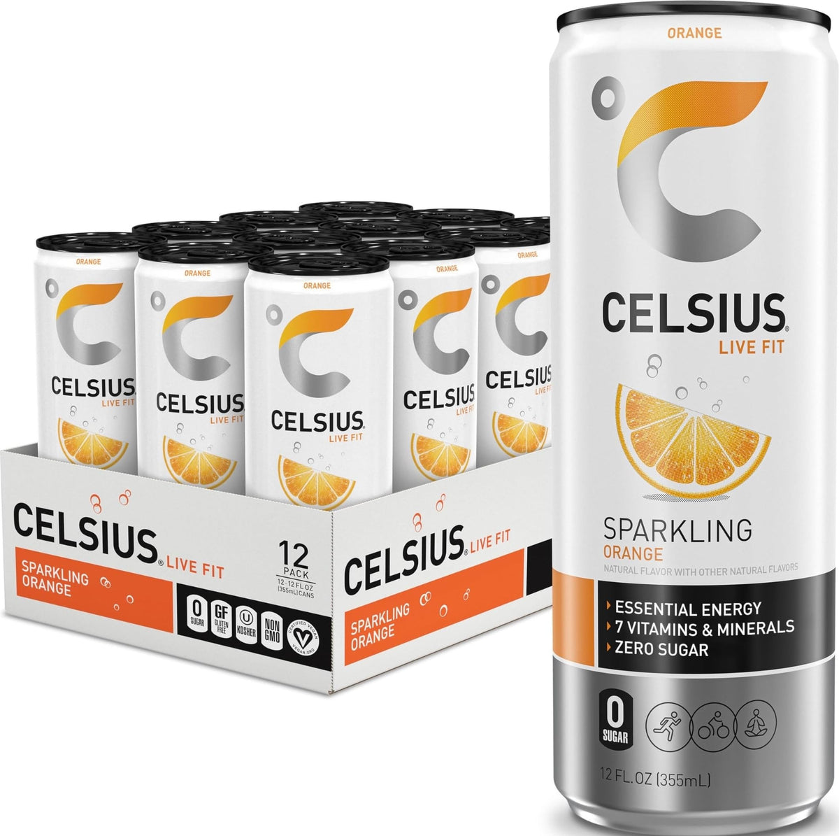 CELSIUS lata frontal Sparkling Orange mostrando diseño y tamaño práctico