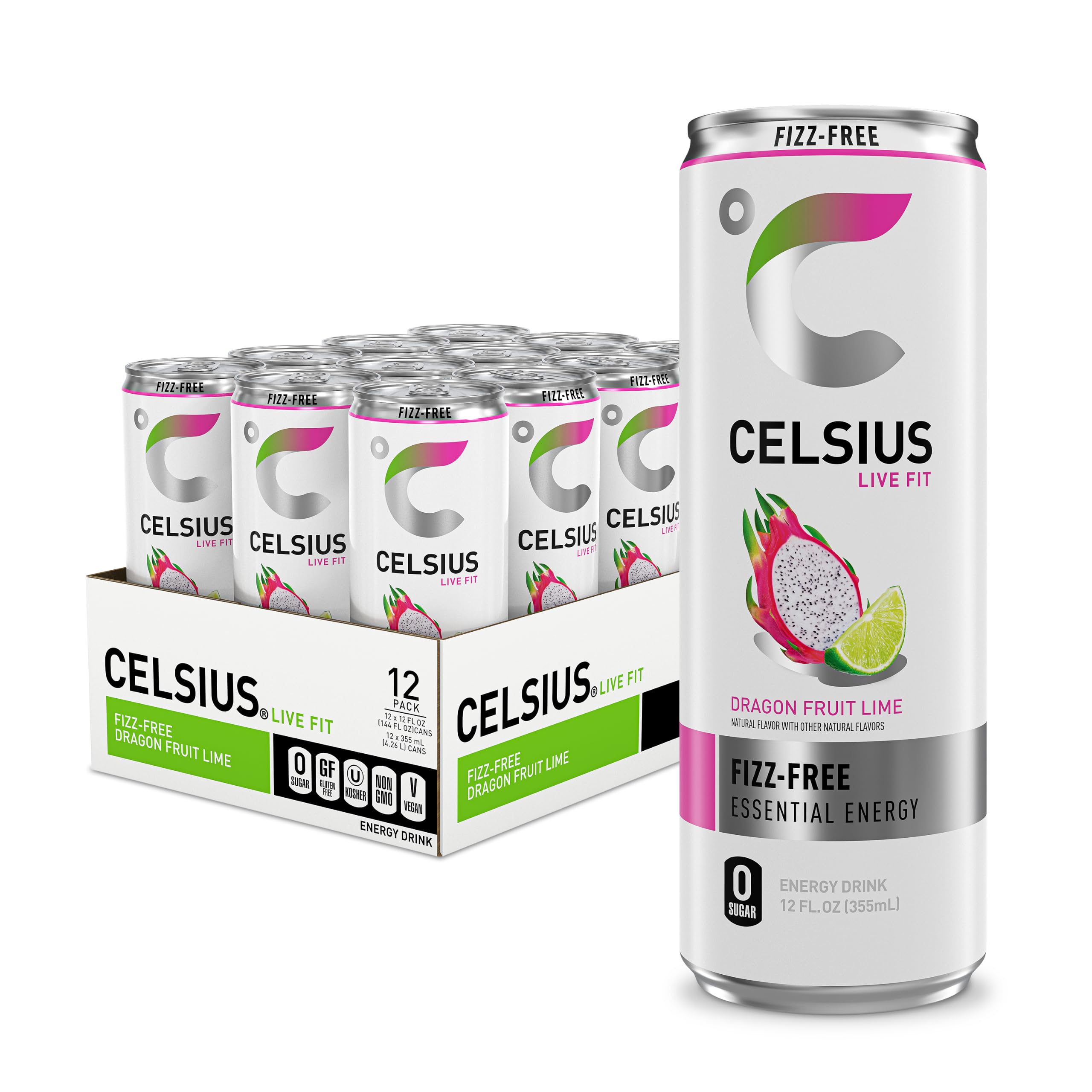CELSIUS lata frontal Dragon Fruit Lime mostrando diseño y beneficio energético
