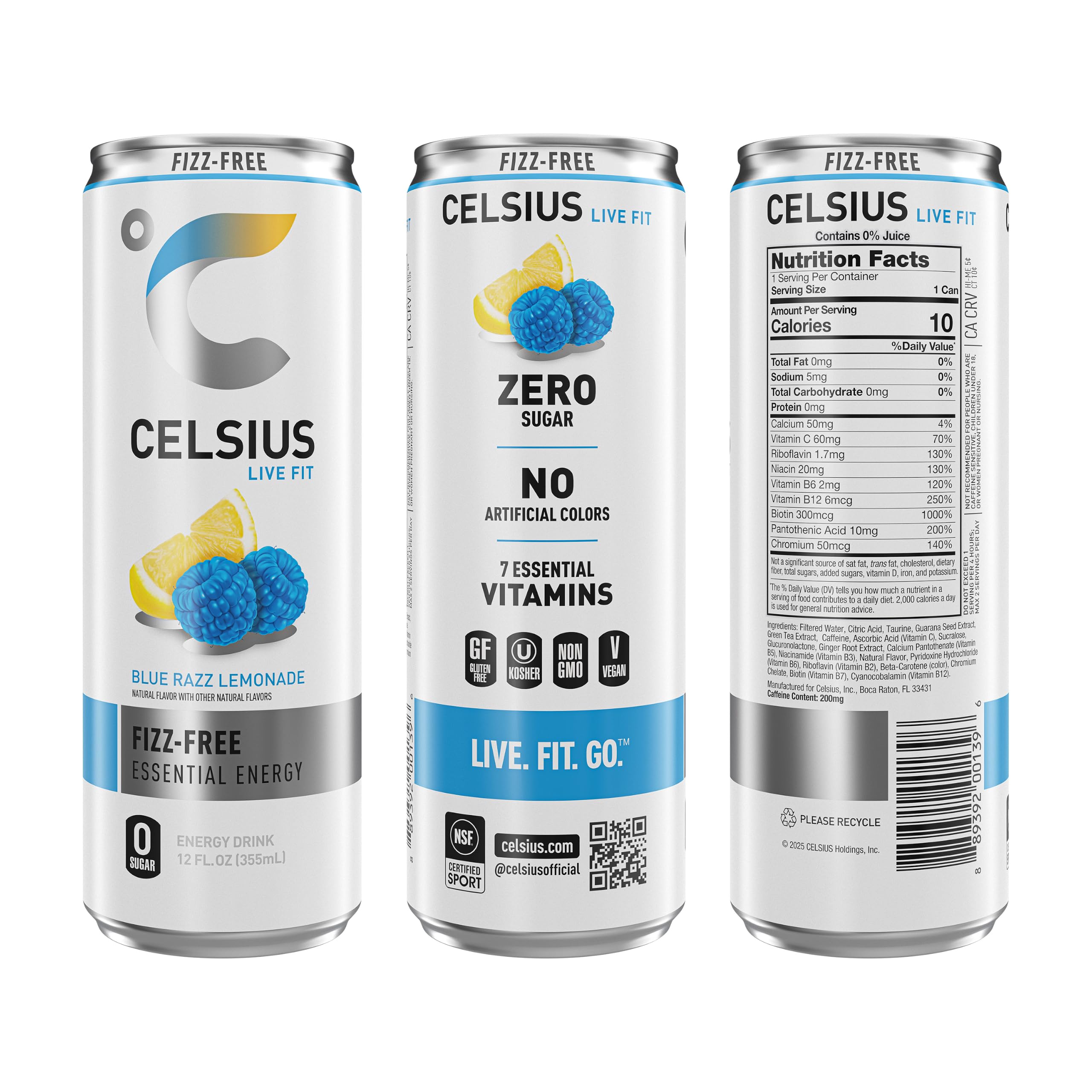 CELSIUS primer plano de etiqueta con ingredientes y vitaminas esenciales