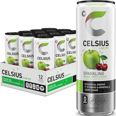 CELSIUS lata frontal Green Apple Cherry mostrando diseño y energía inmediata