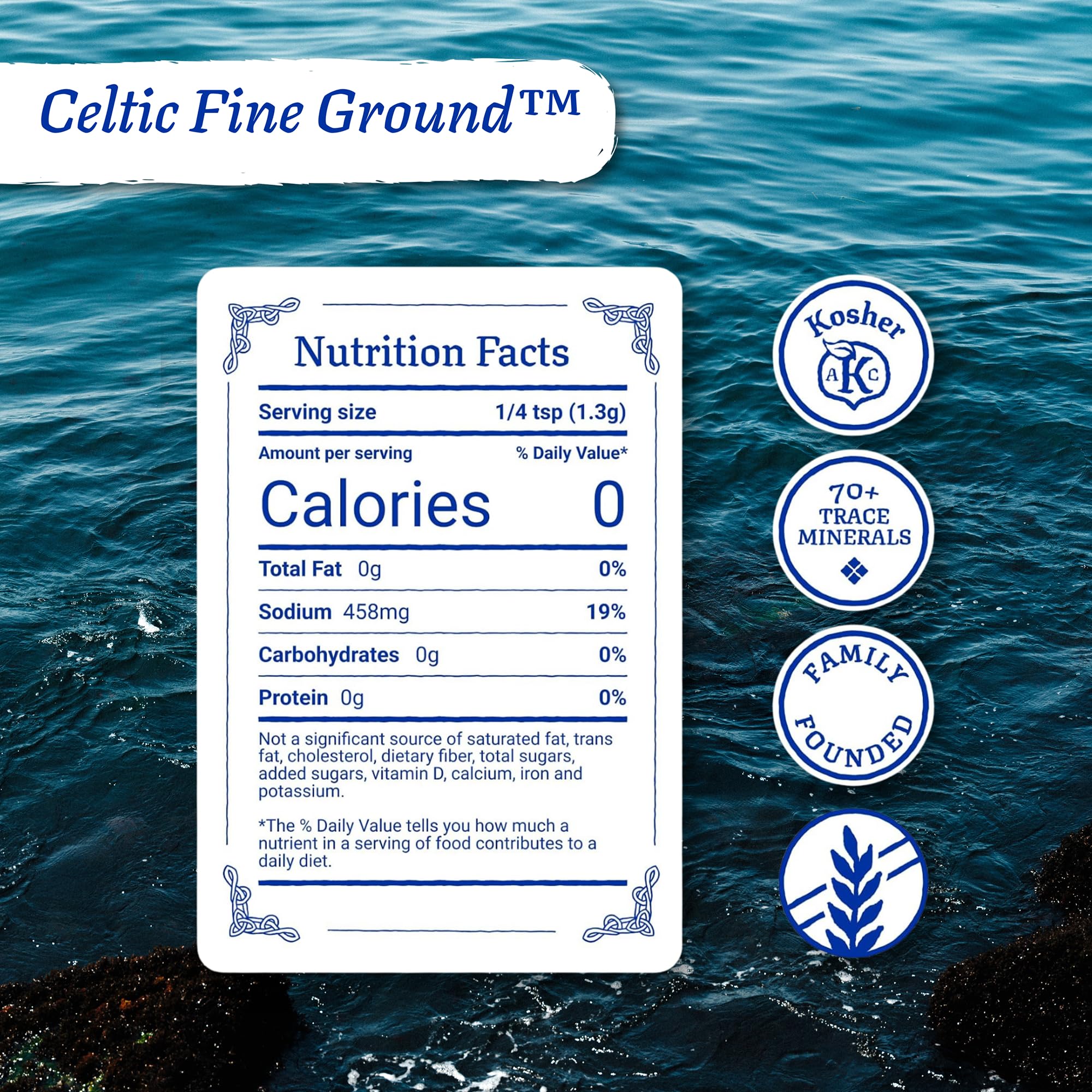 Celtic Sea Salt etiqueta con información de origen y certificación GMP como ventaja