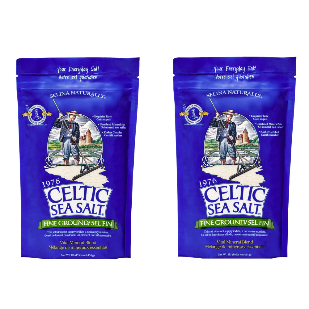 Celtic Sea Salt frente del empaque mostrando dos bolsas resellables y conveniencia