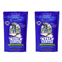 Celtic Sea Salt frente del empaque mostrando dos bolsas resellables y conveniencia
