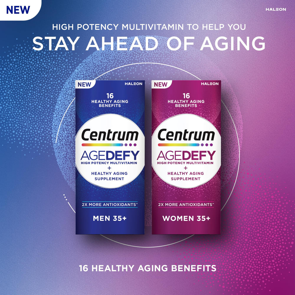 Centrum Age Defy frasco junto a un vaso de agua para uso diario