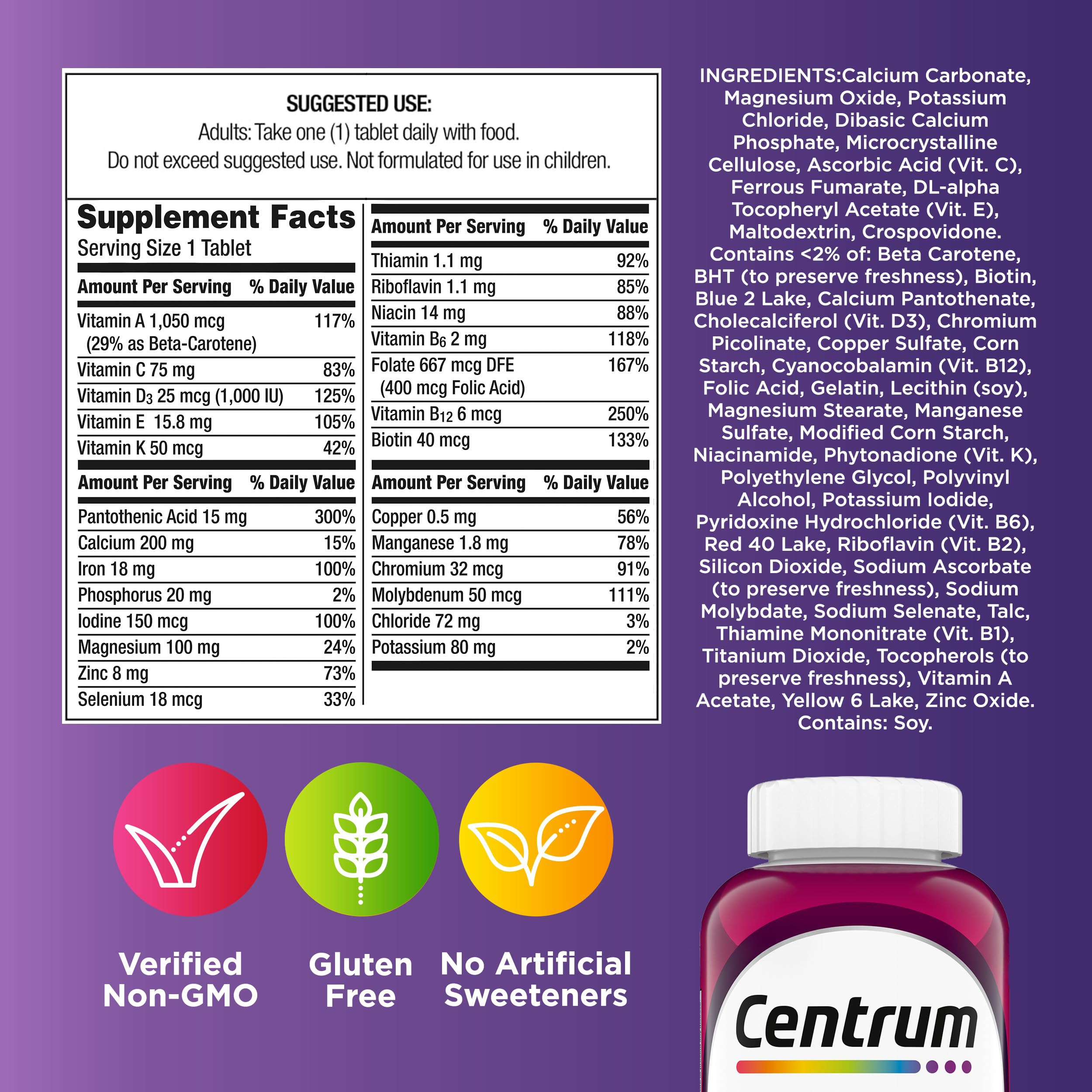 Centrum caja junto a calendario demostrando 250 tabletas por envase