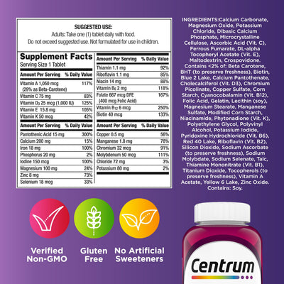 Centrum caja junto a calendario demostrando 250 tabletas por envase