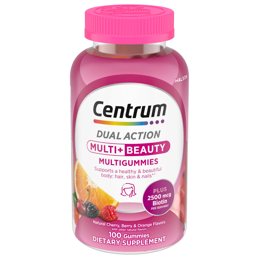 Centrum frasco frontal MultiGummies Multi+ Beauty muestra marca y beneficios
