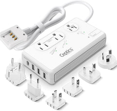 Ceptics converter front view showing power outlets and travel-ready design for safe international use