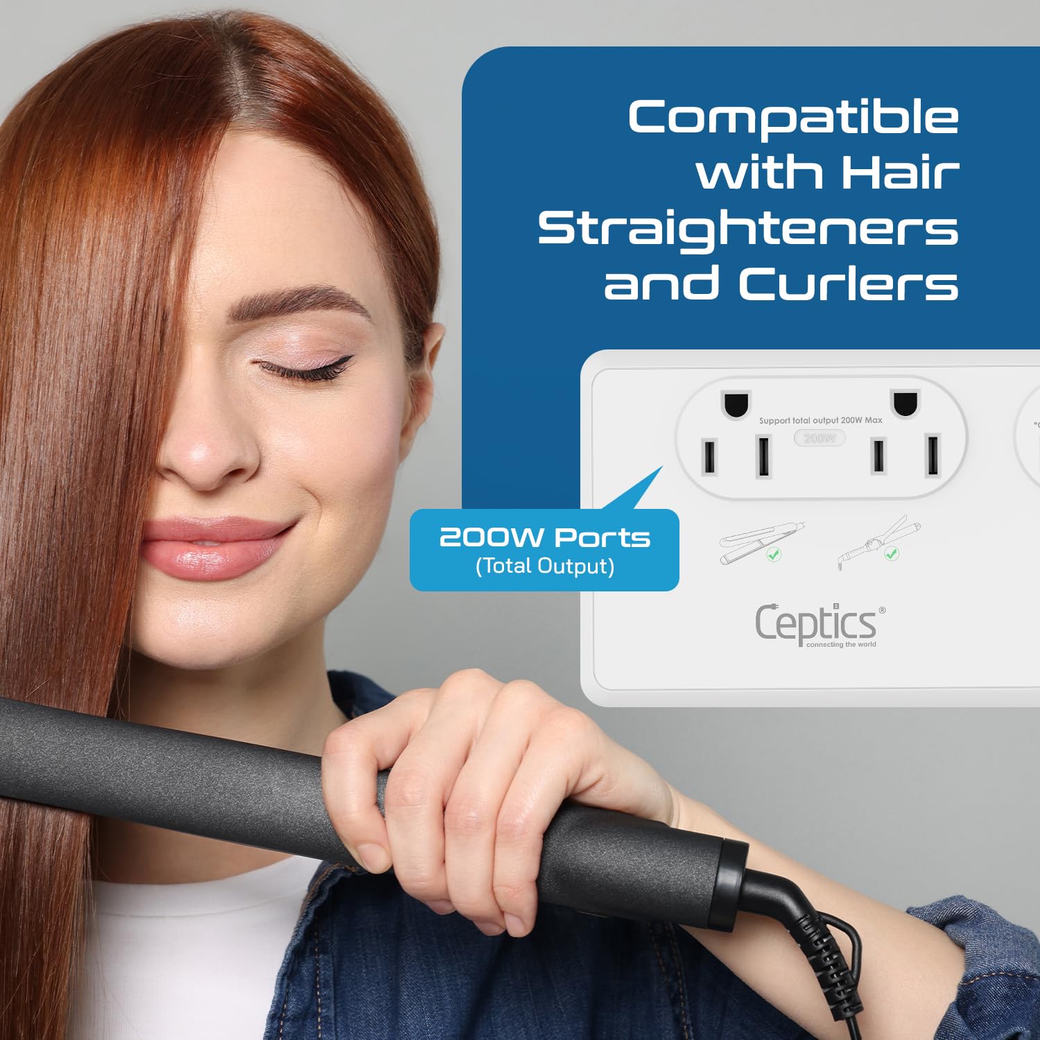 Ceptics powering a hair dryer in a hotel bathroom demonstrating high-wattage 2000W support