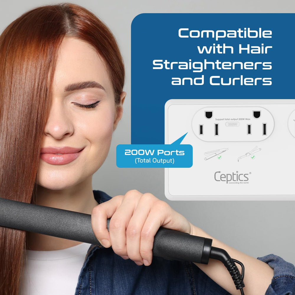 Ceptics powering a hair dryer in a hotel bathroom demonstrating high-wattage 2000W support