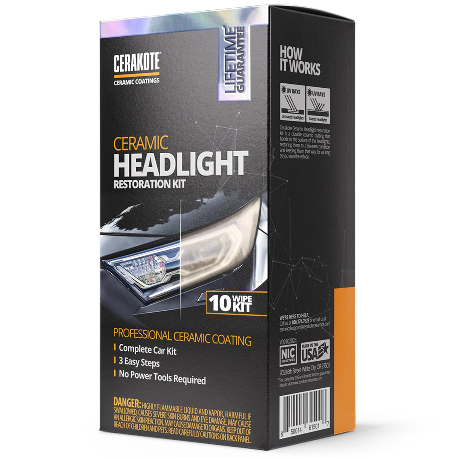 CERAKOTE frontal del kit de faros mostrando contenido y beneficios