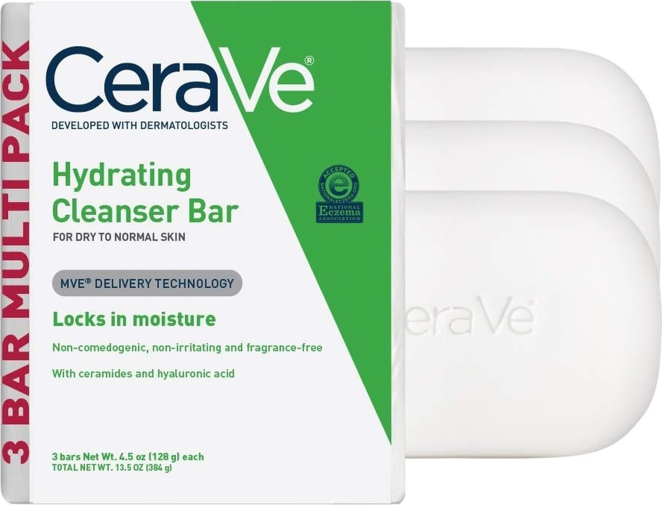 CeraVe barra hidratante frente del empaque mostrando el pack y beneficio hidratación