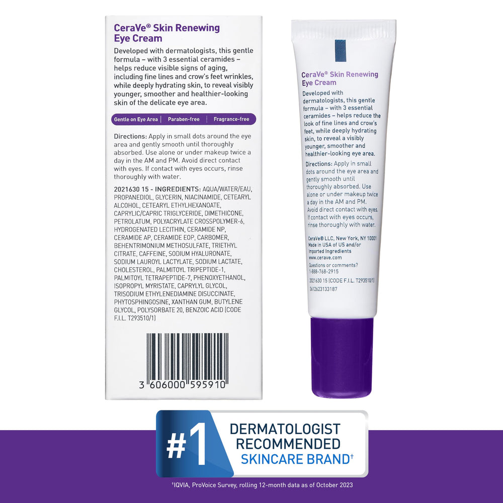 CeraVe crema de ojos etiqueta con ingredientes clave y beneficios