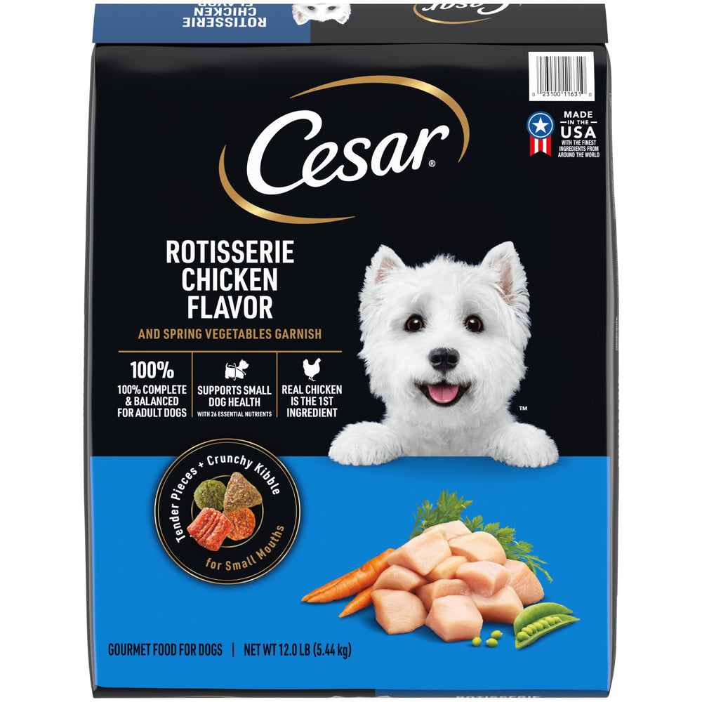 Cesar frente del paquete 12 lb mostrando fórmula para razas pequeñas y conveniencia
