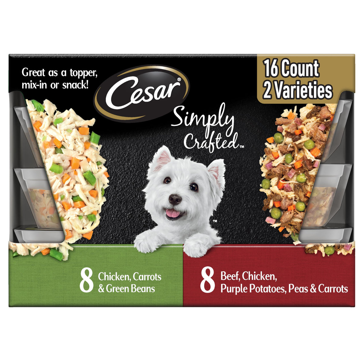 Cesar front packaging showing chicken and beef variety and easy feeding benefit