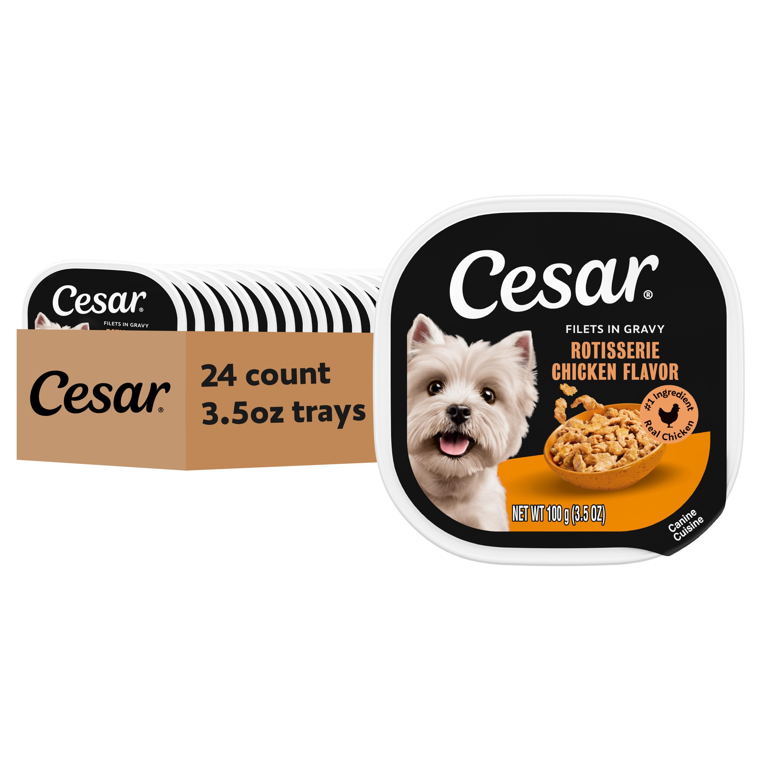 Cesar front packaging showing rotisserie chicken trays and clear branding, appetizing benefit