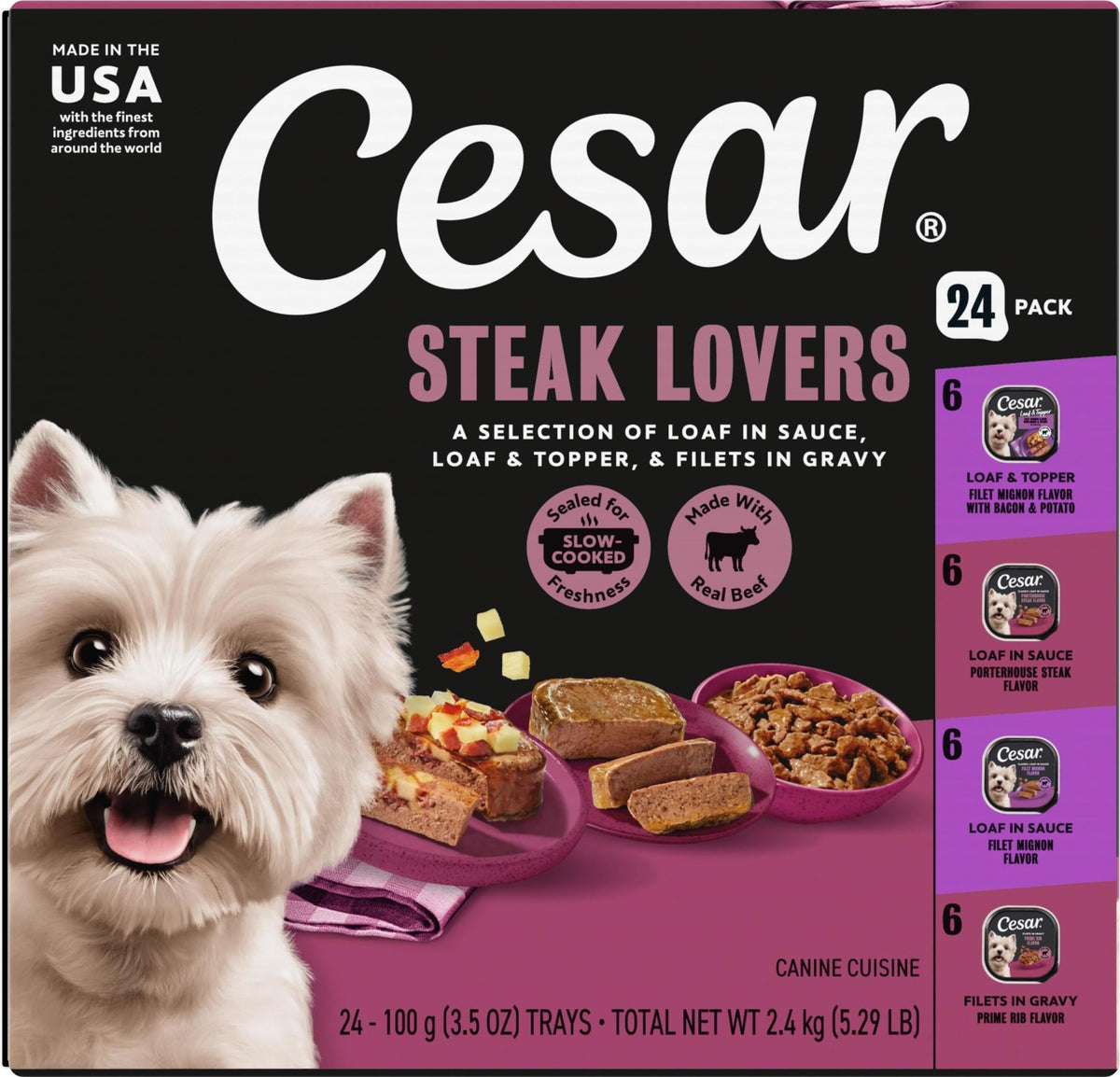 Cesar front packaging showing steak lovers variety and convenient trays benefit ease