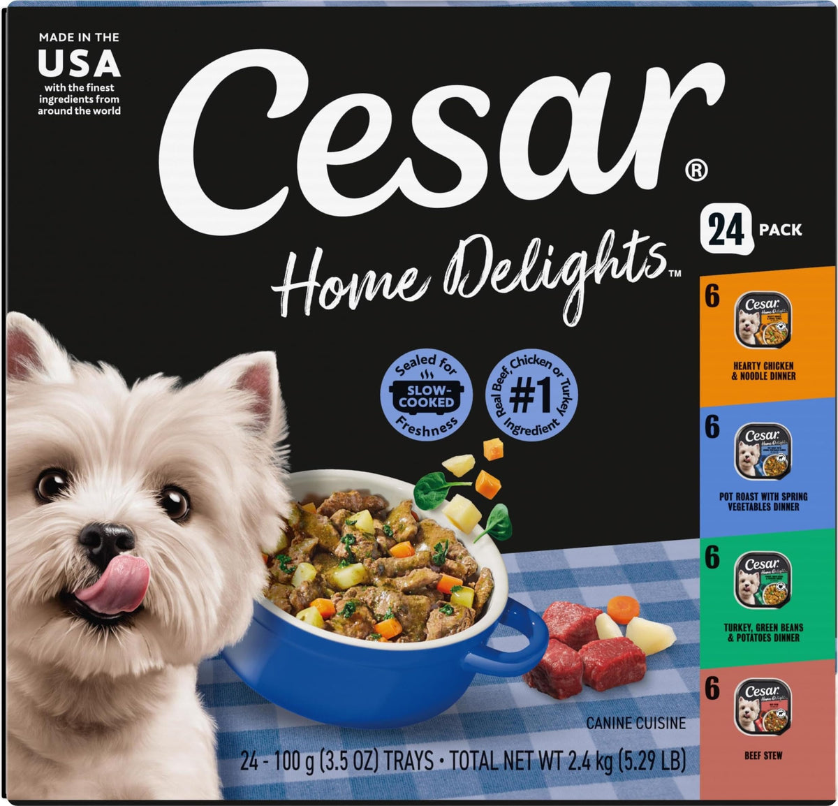 Cesar vista frontal del paquete de 24 bandejas, conveniencia y variedad