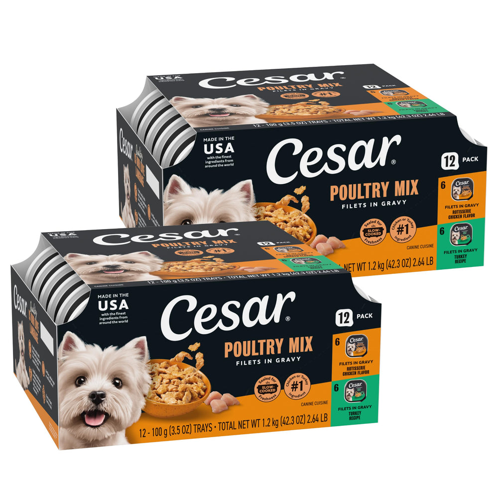 Cesar front packaging showing variety pack and convenient trays for quick meals