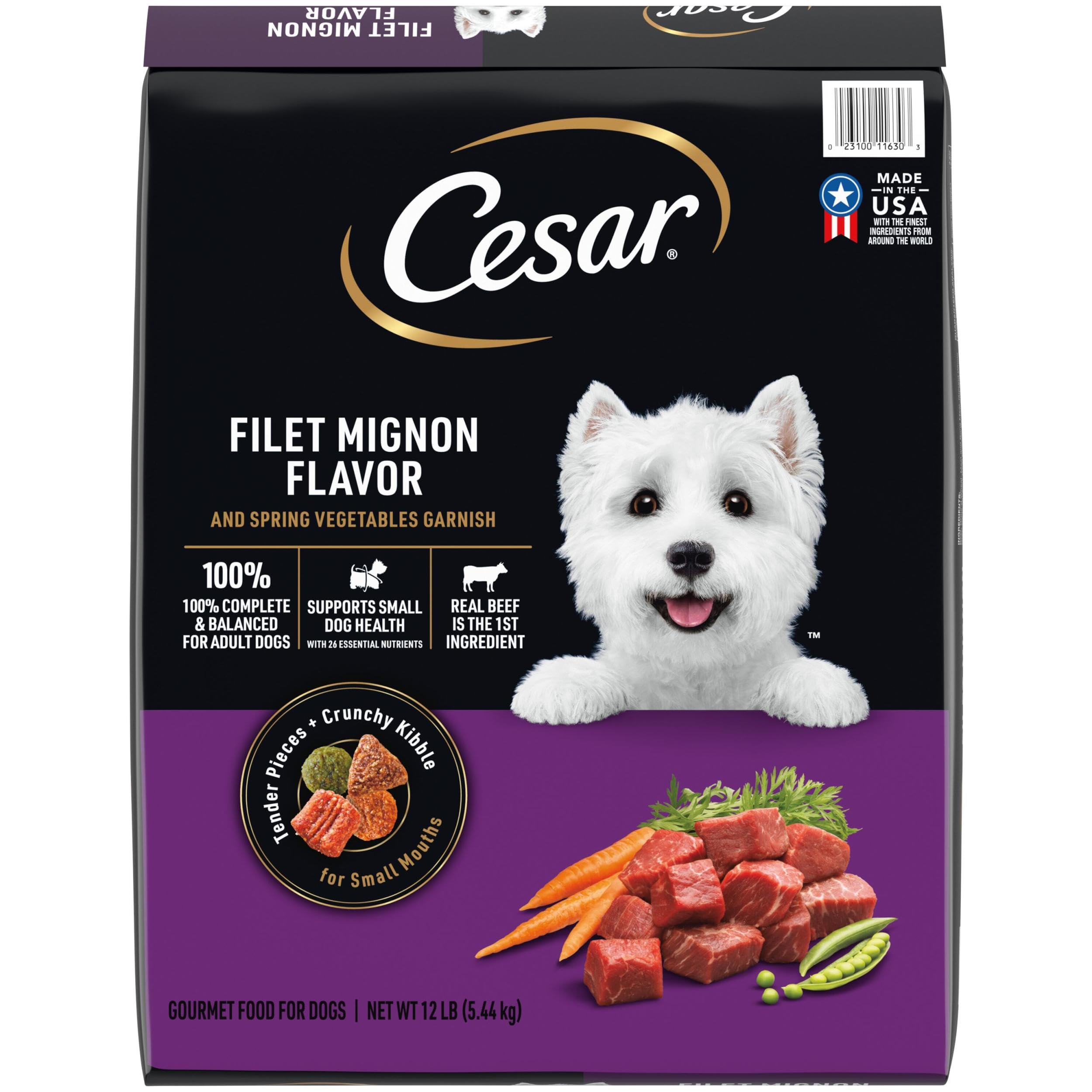Cesar bolsa frontal filete mignon 12 lb mostrando etiqueta y beneficio nutricional