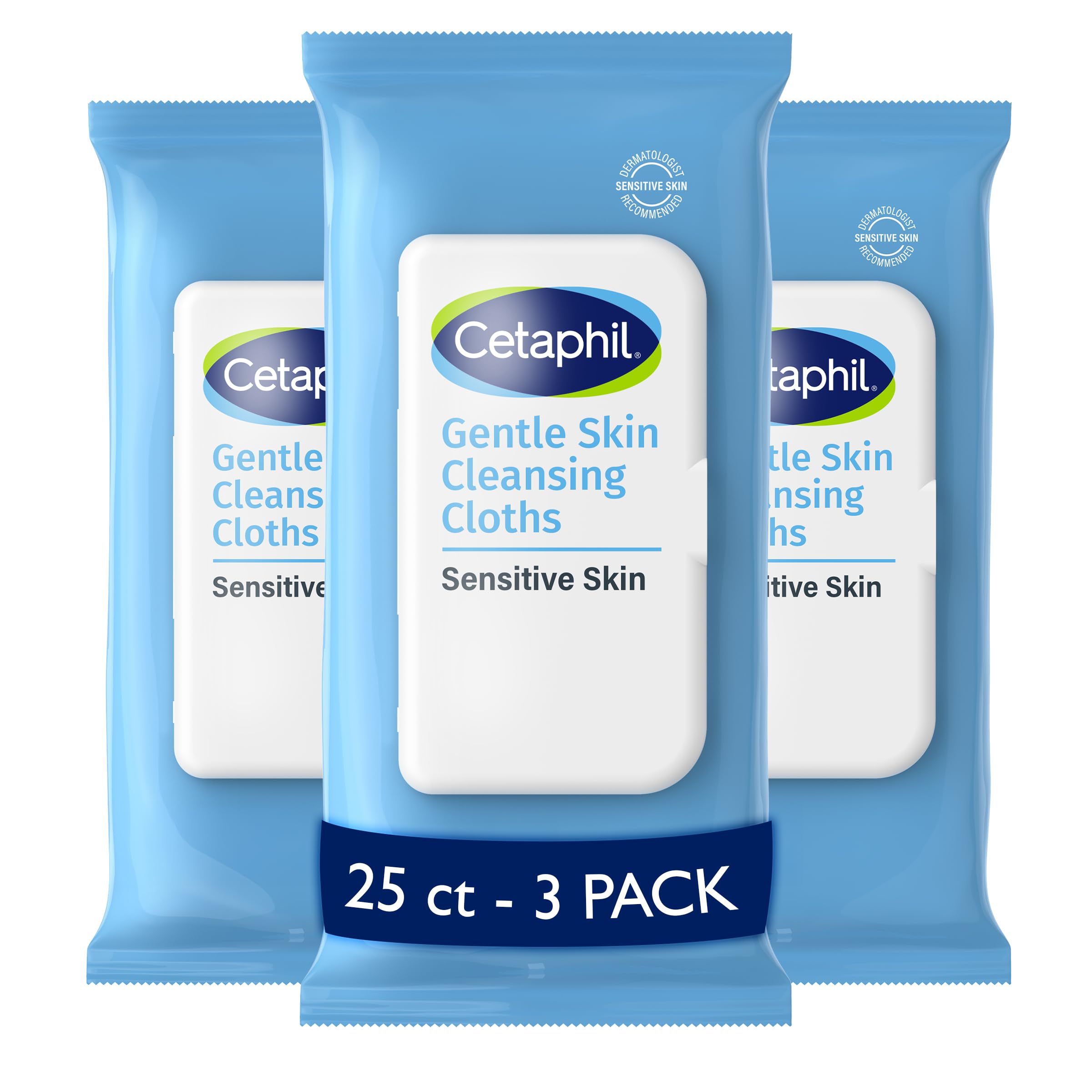 Cetaphil empaque frontal que muestra 25 toallitas y portabilidad