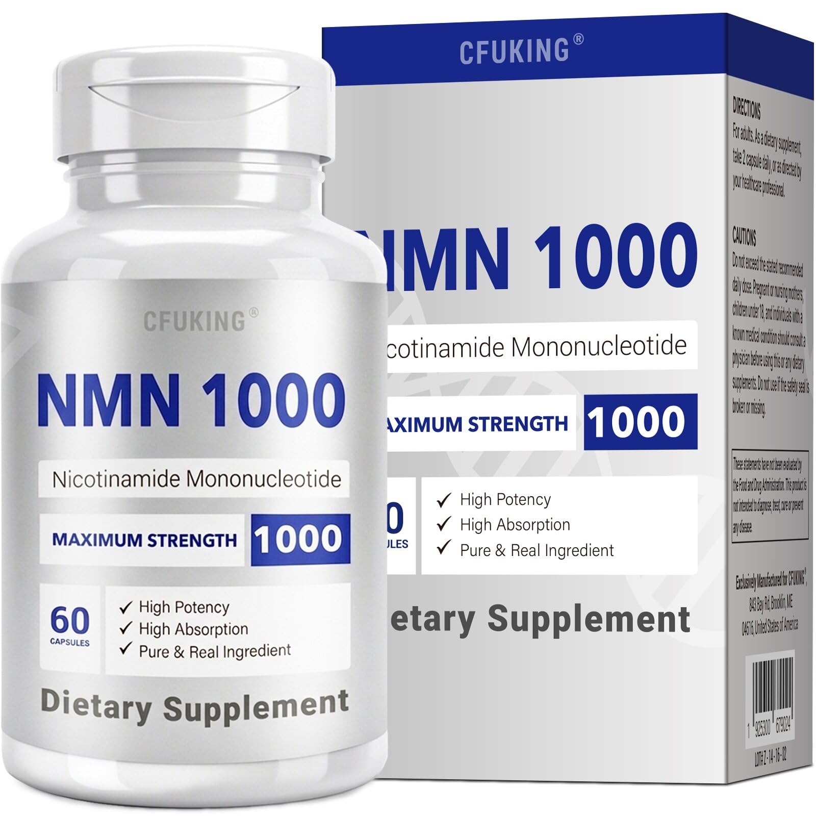 CFUKING frasco frontal de NMN 1000mg, visibilidad clara del envase y beneficio de protección