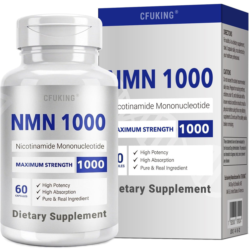 CFUKING frasco frontal de NMN 1000mg, visibilidad clara del envase y beneficio de protección