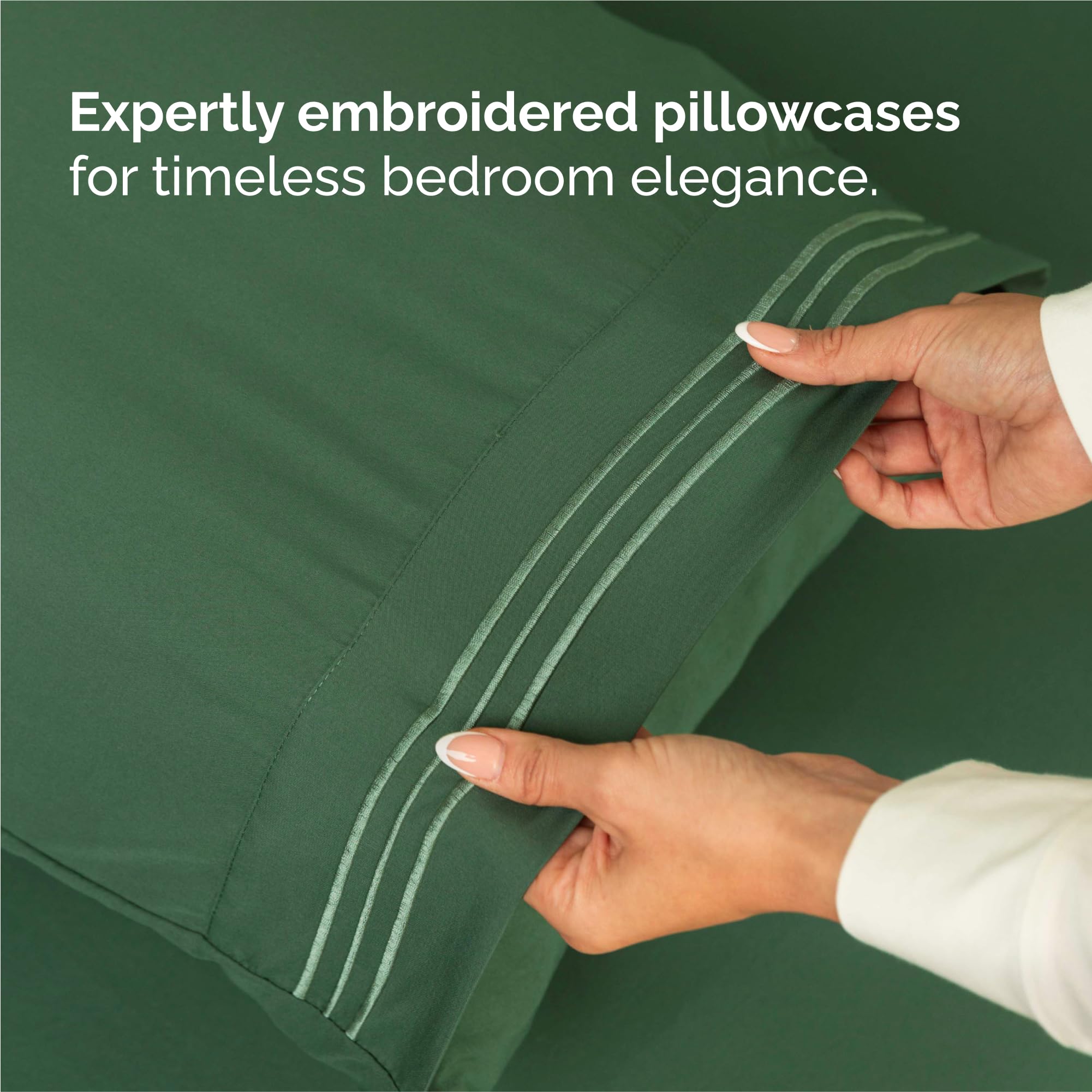 CGK Unlimited bed styled in bedroom showing emerald sheets adding modern color