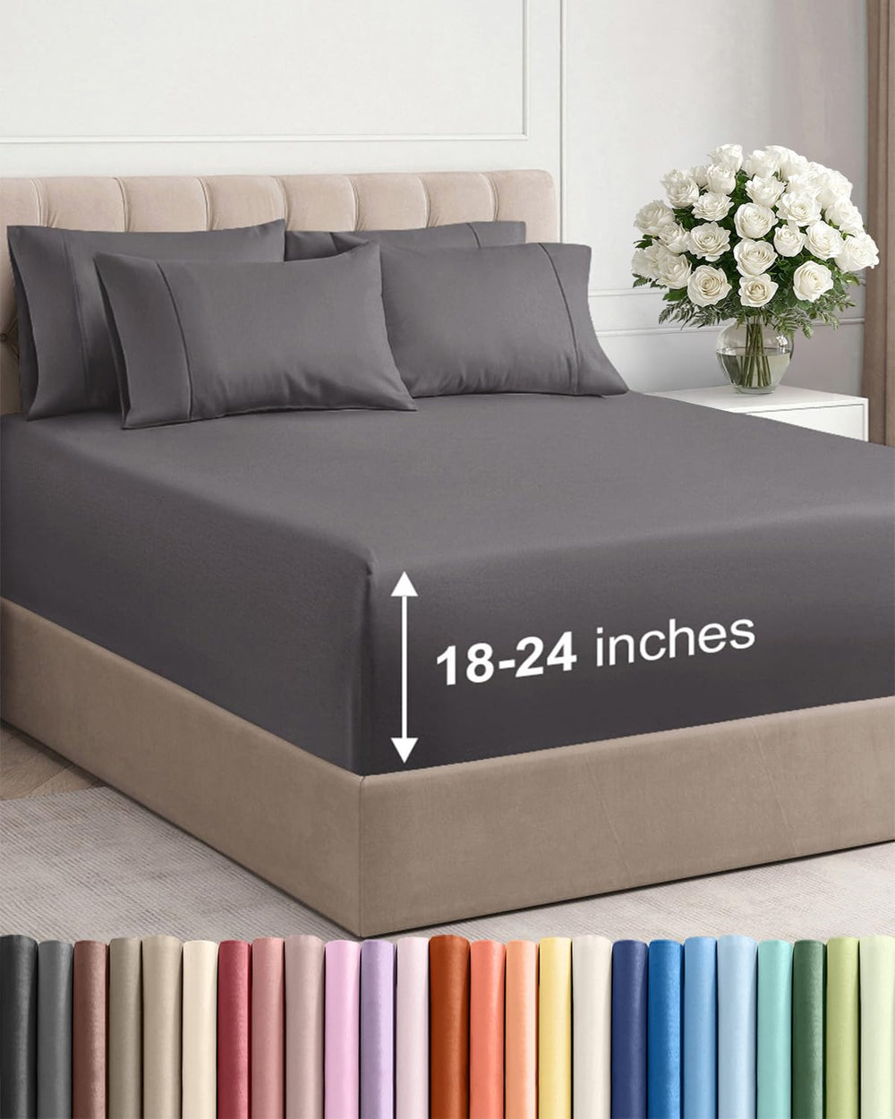 CGK Unlimited front view of grey extra deep king sheet set showing neat fit and finish
