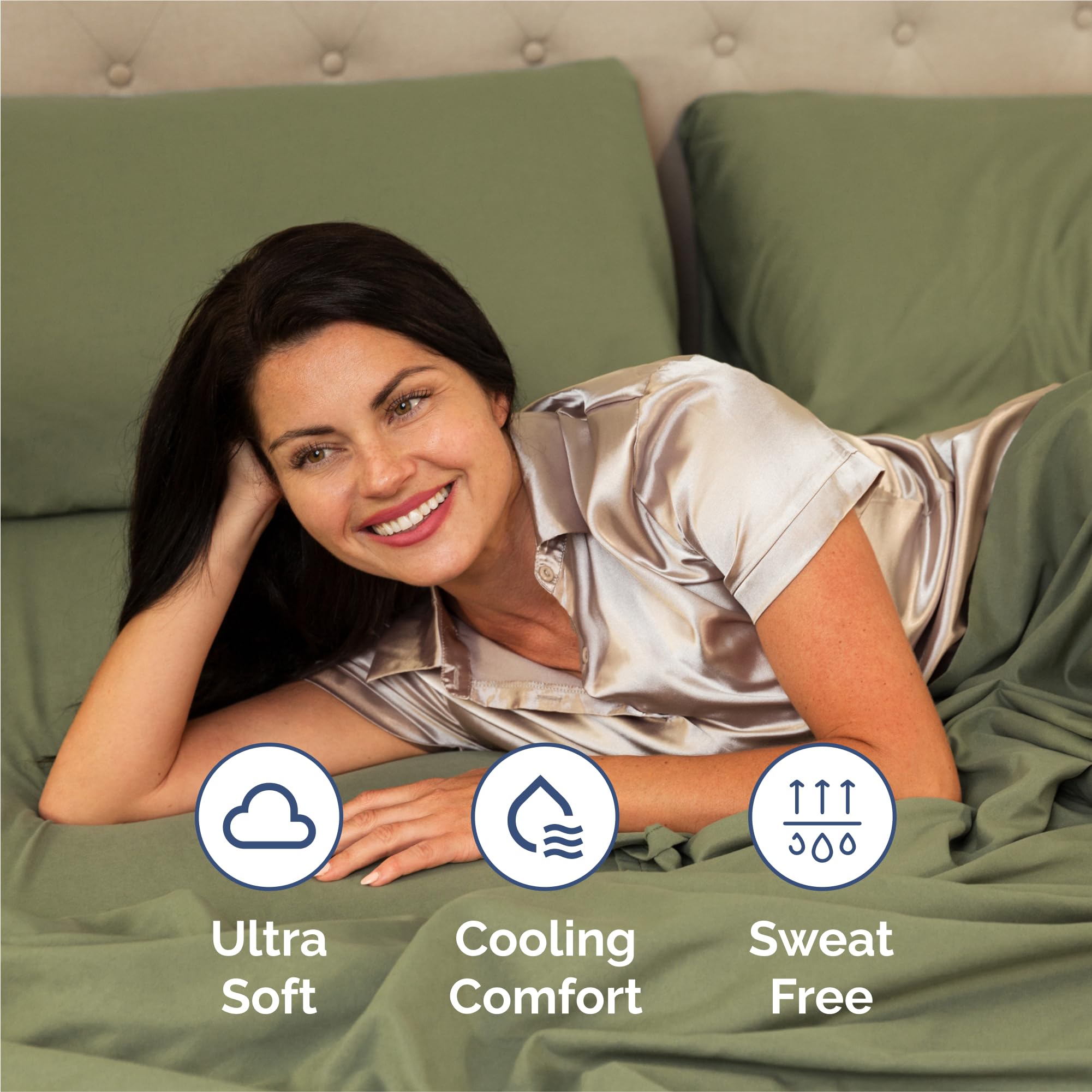 Full bed with CGK Unlimited sage flat sheet spread demonstrating smooth coverage