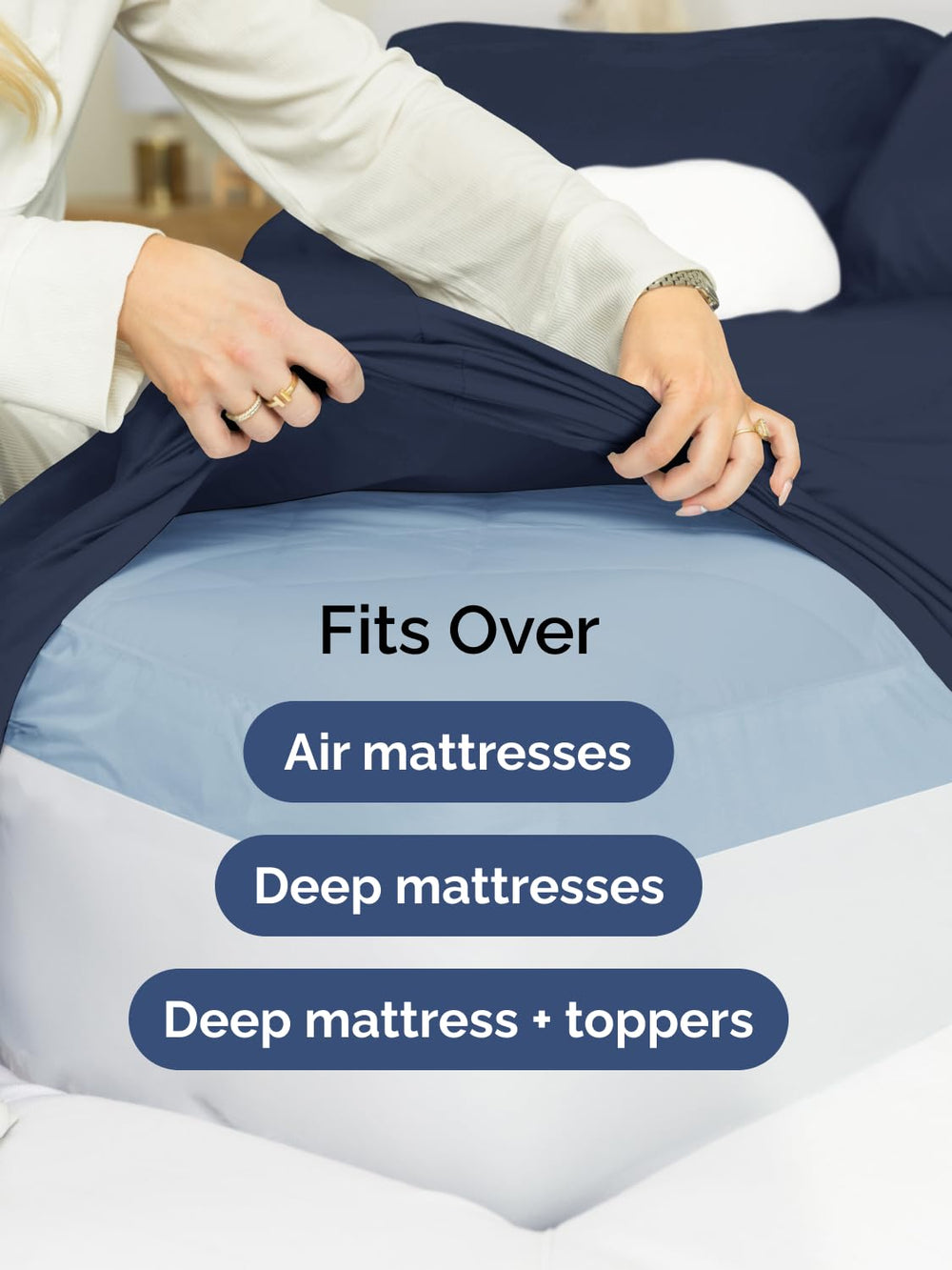 CGK Unlimited styled in bedroom demonstrating navy aesthetic and calming look