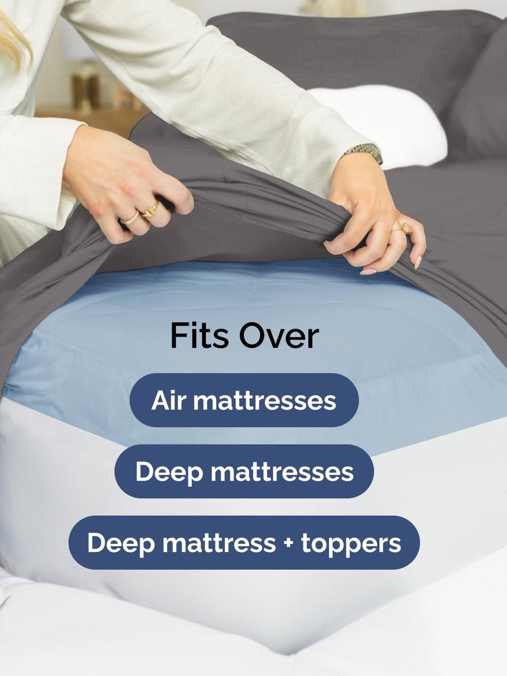 CGK Unlimited sheet set on pillow-top mattress demonstrating no-slip staying power