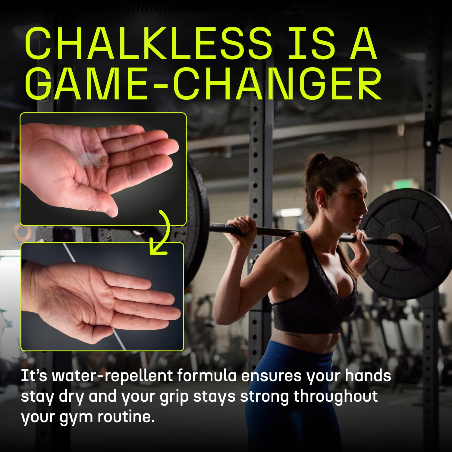 Chalkless user gripping barbell demonstrating improved lift stability
