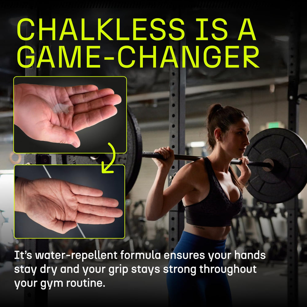 Chalkless user gripping barbell demonstrating improved lift stability