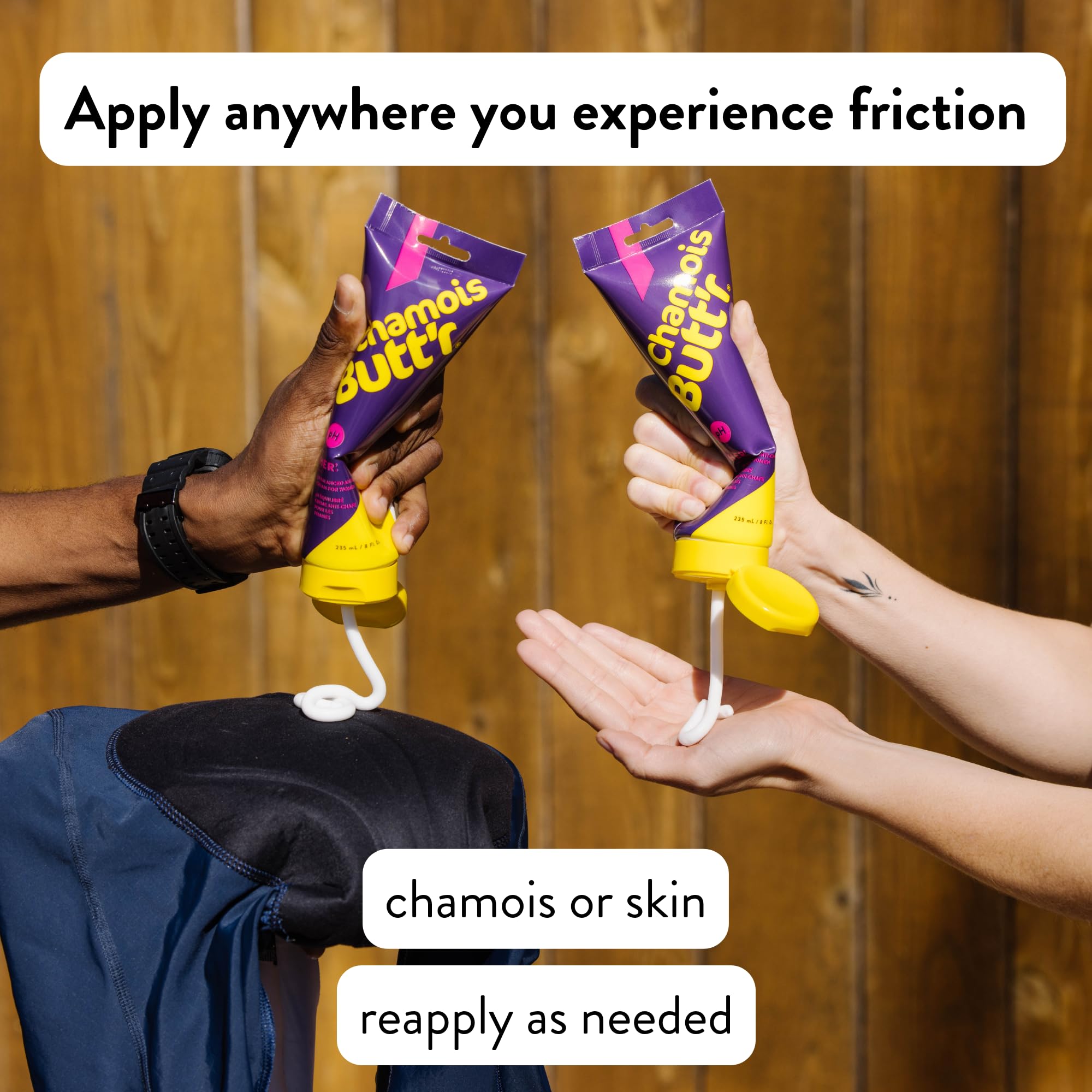 Chamois Butt'r Her' applied to thigh to reduce friction and increase comfort