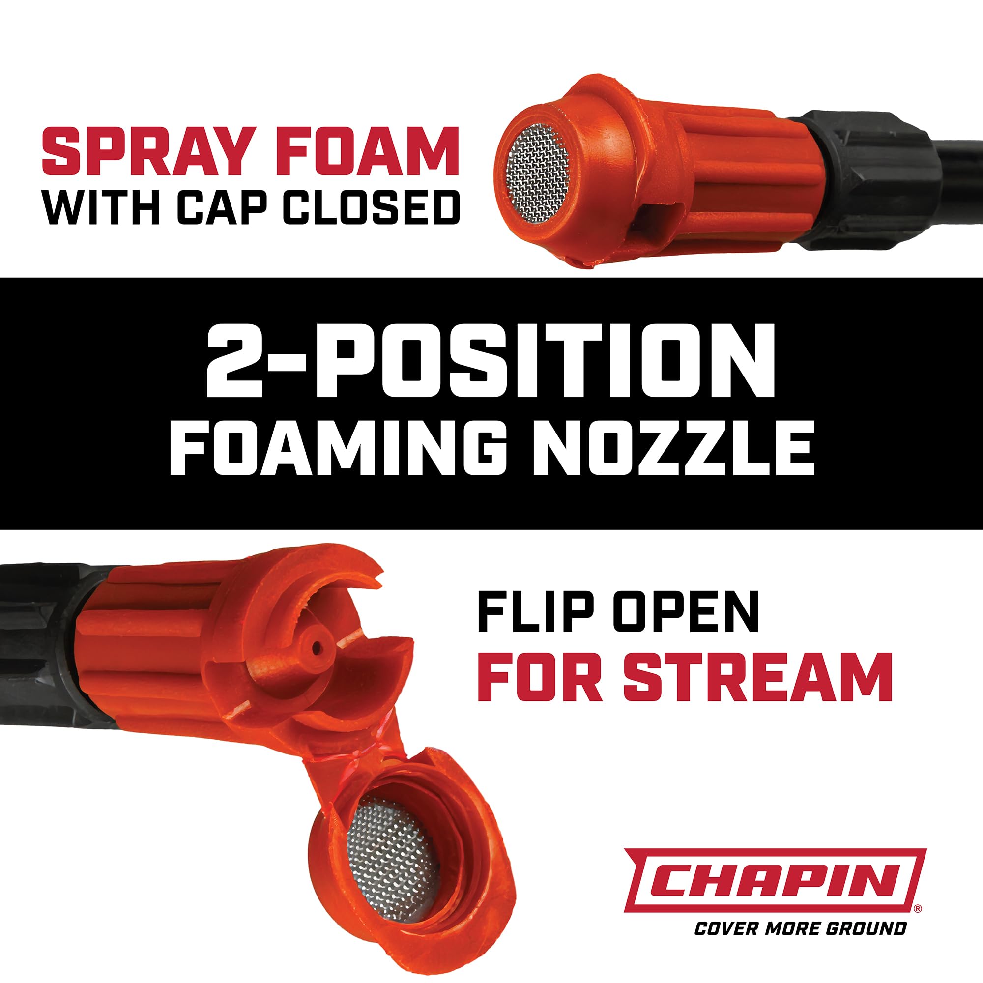 CHAPIN close-up of foaming nozzle demonstrating visible coverage for accurate spraying